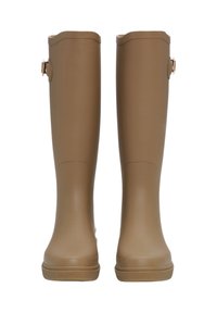 Brązowe gumowe kalosze o gładkim wykończeniu, zaokrąglonych czubkach i szczególe w postaci klamry. Posiadają teksturowaną podeszwę dla lepszej przyczepności.