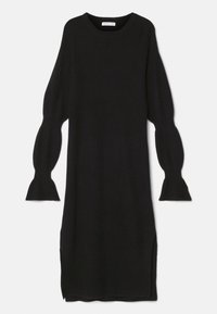 Svart stickad klänning med ribbad textur, utrustad med långa ärmar i klockform och sidospjälor för rörelsefrihet.