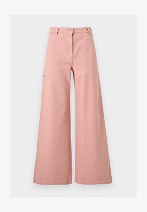 Ψηλόμεσα παντελόνια με φαρδιά μπατζάκια σε απαλό ροζ χρώμα, με κούμπωμα κουμπιών και φερμουάρ μπροστά, θηλιές για ζώνη και πλαϊνές τσέπες.