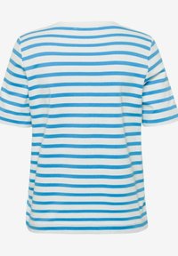 Valkoinen puuvillat-paita, jossa on sinisiä vaakaraitoja, lyhyet hihat ja pyöreä kaula-aukko. Sileä rakenne ja rento leikkaus.