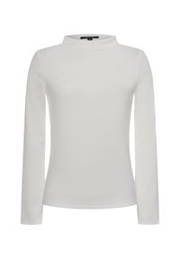 Haut à manches longues blanc avec un col montant, en tissu texturé et légèrement irisé. Design simple sans motifs ni accents visibles.