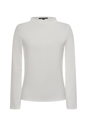 White long-sleeve top with a mock neck, textured fabric, and slight iridescence. Simple design with no visible patterns or accents.