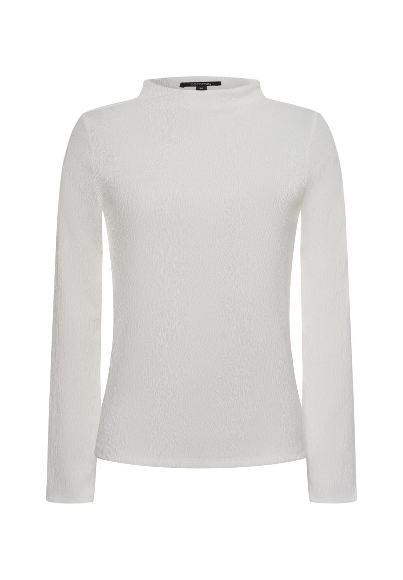 Haut à manches longues blanc avec un col montant, en tissu texturé et légèrement irisé. Design simple sans motifs ni accents visibles.