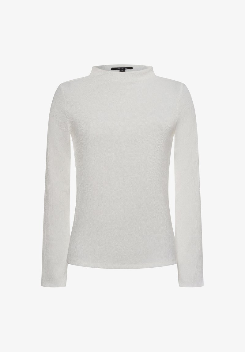 White long-sleeve top with a mock neck, textured fabric, and slight iridescence. Simple design with no visible patterns or accents.