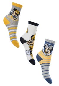 Tres pares de calcetines con personajes de caricaturas. Los colores incluyen gris, amarillo, azul y blanco. Los estampados incluyen rayas y diseños de personajes.