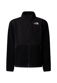 Schwarze Fleecejacke mit durchgehendem Reißverschluss, hohem Kragen und zwei Reißverschlusstaschen. Besitzt kontrastierende glatte Stoffeinsätze an den Schultern und der oberen Brust.