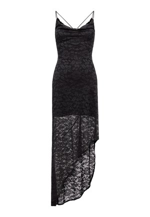 Rochie midi din dantelă neagră cu model floral, bretele subțiri tip spaghetti, decolteu drapat și tiv asimetric transparent.