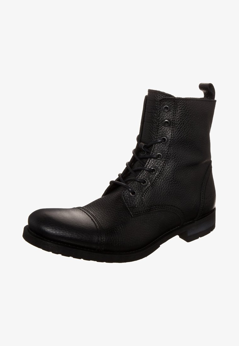 Black leather ankle boot with lace-up front, cap toe, textured upper, and pull tab at the back, shown on a white background.