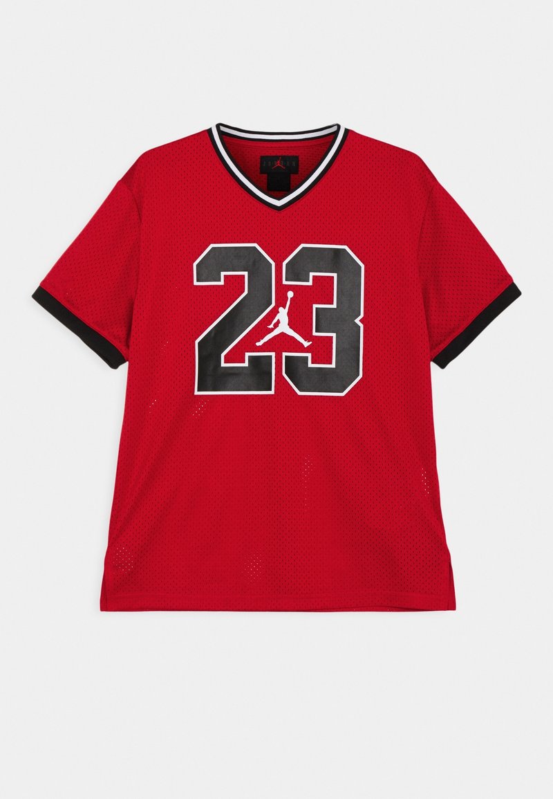 Red mesh jersey featuring a black V-neck, short sleeves, and a large white number "23" with a black outline and iconic logo on the back.