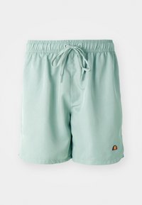 Light green swim shorts with an elastic waistband and drawstring, featuring a small embroidered logo on the bottom right. Smooth texture.