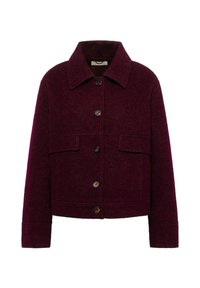 Dark burgundy wool jacket with front buttons, two flap pockets, a classic collar, and long sleeves.