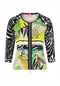 Ritsjack met een mix van zwart-witte zebra-patronen en levendige groene en gele bloemaccenten op een beige achtergrond.