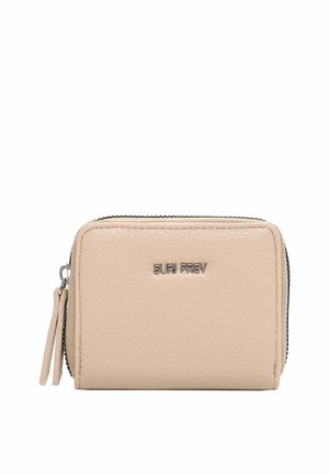 Beige Lederportemonnaie mit Struktur, silbernem Reißverschluss und SURI FREY Logo vorne. Kompakte rechteckige Form mit seitlichen Reißverschlusslaschen.