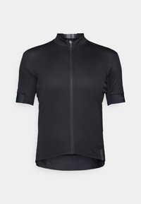 Schwarzes, kurzärmliges Radtrikot mit hohem Kragen, Frontreißverschluss und dezent strukturiertem Stoff. Verfügt über verstärkte Nähte und einen abgerundeten Saum.