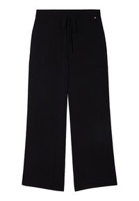Zwarte broek met wijduitlopend model, gemaakt van zachte stof, met een trekkoord in de taille en een klein accentdetail op de tailleband.