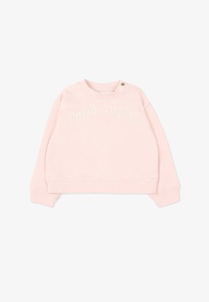 Sweatshirt rose clair à manches longues avec poignets côtelés, bouton-pression sur l'épaule gauche, et logo "Palm Angels" discret sur la poitrine.