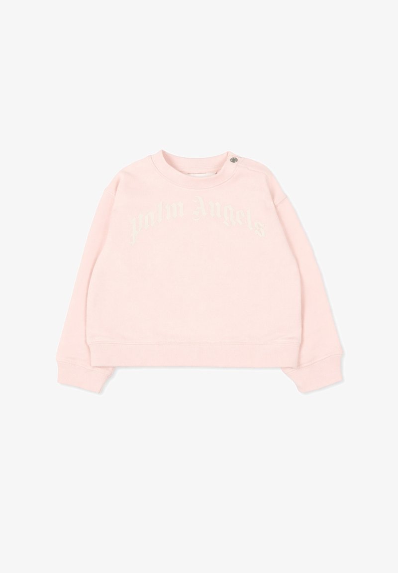 Sweatshirt rose clair à manches longues avec poignets côtelés, bouton-pression sur l'épaule gauche, et logo "Palm Angels" discret sur la poitrine.