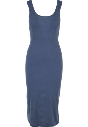 Rochie midi fără mâneci, cu nervuri, de culoare albastru închis. Prezintă un decolteu rotund și o siluetă ajustată, fabricată dintr-un material moale.