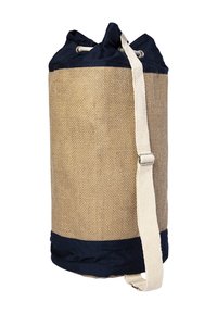 Große zylindrische beige und marineblaue Zugband-Duffel-Tasche mit verstellbarem, off-white Schultergurt.