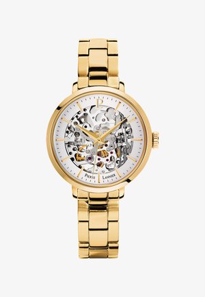 Gold-tone skeleton watch with a silver dial, exposing intricate mechanical movement. Includes gold hands and markers, plus a linked bracelet.