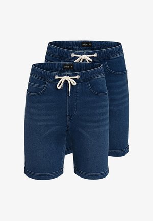 Denim shorts i mørkeblå med elastisk talje, justerbar snor og to sidelommer. Glat tekstur med enkle syninger.