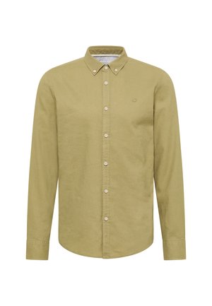 Hellolivgrünes langärmliges Hemd mit Knopfleiste, knöpfbarem Kragen und kleinem besticktem Logo auf der linken Brust.