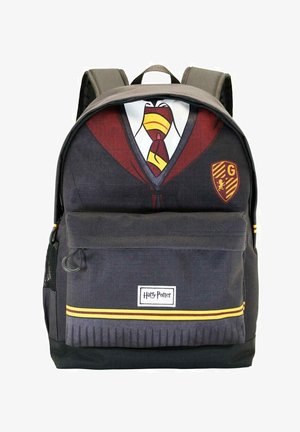 Black backpack featuring a design resembling a wizard's robe with a maroon and yellow tie, Gryffindor crest, and a front pocket with zipper.