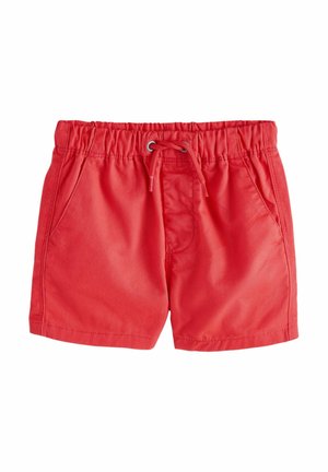 Rote Badeshorts aus leichtem Stoff. Verfügen über einen elastischen Bund mit Kordelzug, zwei Seitentaschen und eine glatte Textur.