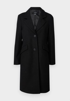 Schwarzer Wollmantel mit Reverskragen, zwei Vordertaschen und Knopfschluss. Verfügt über ein glattes Innenfutter und eine taillierte Silhouette.