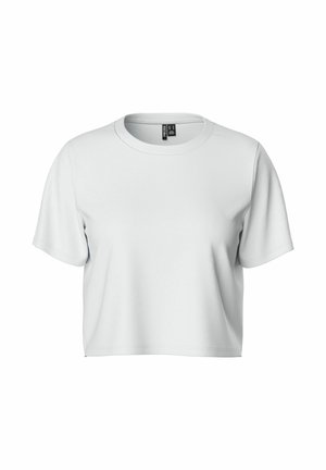 T-shirt bianca corta realizzata in tessuto morbido, con scollatura rotonda e maniche corte. Nessun motivo o decorazione visibile.