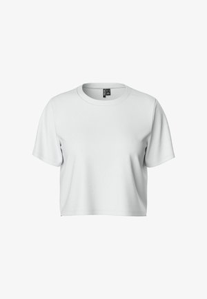 T-shirt bianca corta realizzata in tessuto morbido, con scollatura rotonda e maniche corte. Nessun motivo o decorazione visibile.