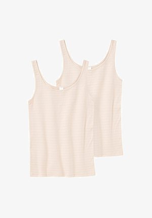 Two light beige tank tops made from soft fabric, featuring thin straps and a subtle striped pattern. Simple, classic design.
