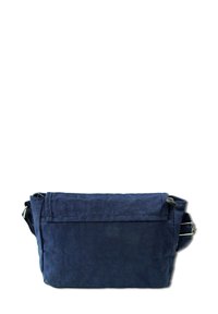 Dunkelblaues Umhängetasche aus strukturiertem Stoff. Verfügt über einen Klappenverschluss, einen verstellbaren Riemen und metallische Hardware-Details zur Sicherung.