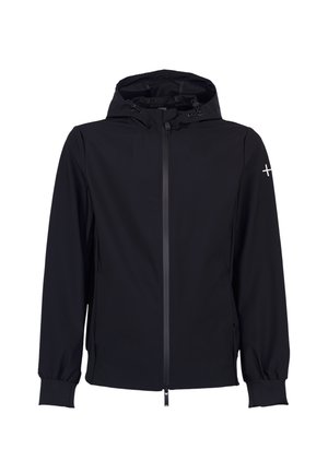 Czarna kurtka z kapturem, przednim zamkiem, regulowanymi sznurkami na kapturze, elastycznymi mankietami i małym białym symbolem krzyża na lewym rękawie.