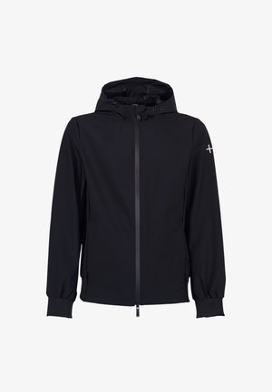Giacca nera con cappuccio, cerniera frontale, coulisse regolabili sul cappuccio, polsini elastici e piccolo simbolo di croce bianco sulla manica sinistra.