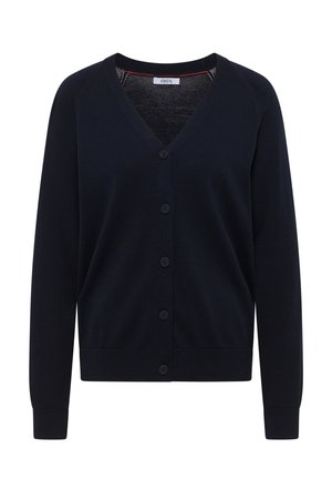 Cardigan bleu marine à col en V avec manches longues, cinq boutons à l'avant, poignets et ourlet côtelés, et étiquette "Cecil" à l'intérieur du col.