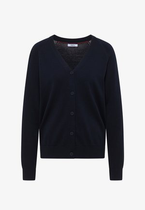 Marineblauwe V-hals cardigan met lange mouwen, vijf knopen aan de voorkant, geribbelde manchetten en zoom, en een label met de tekst "Cecil" aan de binnenkant van de halslijn.