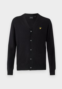 Black cardigan with a v-neck, long sleeves, and a button front. Features a small yellow embroidered logo on the left side. Soft texture.