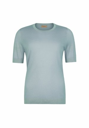 Krótki sweter z krótkim rękawem, lekkiego niebieskiego koloru, wykonany na drutach, z okrągłym dekoltem oraz ściągaczami na mankietach i dole.