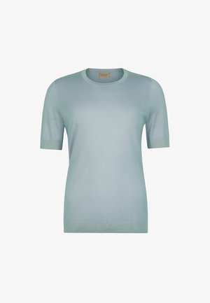 Krótki sweter z krótkim rękawem, lekkiego niebieskiego koloru, wykonany na drutach, z okrągłym dekoltem oraz ściągaczami na mankietach i dole.