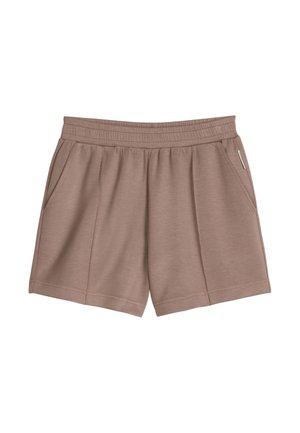 Brązowe casualowe szorty z elastycznym pasem i bocznymi kieszeniami, wykonane z gładkiej tkaniny, prezentowane na białym tle.