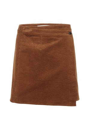 Brown corduroy mini skirt with a textured ribbed pattern, featuring a waistband, side button detail, and a straight cut hem.