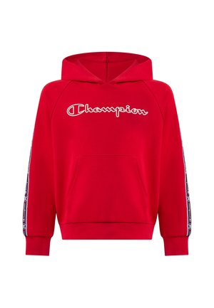 Rode hoodie met Champion-logo op de borst, voorzak en logo-patroon strepen langs beide mouwen.