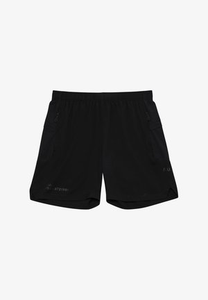 Zwarte sportieve shorts van lichtgewicht stof. Voorzien van een elastische tailleband, twee ritszakken aan de zijkanten en een textuurpaneel aan de zijkanten.