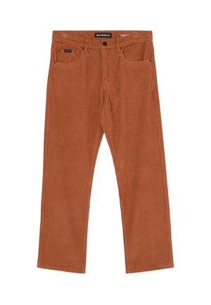 Pantalon en velours côtelé marron à jambes droites, fermeture avant avec bouton et zip, et design à cinq poches, posé à plat sur un fond blanc.