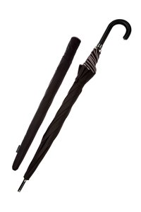 Kompaktowy czarny parasol z zakrzywionym czarnym uchwytem, charakteryzujący się elegancką tkaniną pokryciową oraz składanym designem dla łatwości przenoszenia.