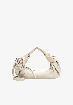 Kremowa skórzana torebka o miękkim, marszczonym wzorze, z górnym uchwytem i odczepianym paskiem na ramię. Posiada srebrny metek oraz subtelny połysk.