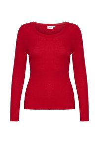 Red, ribbed long-sleeve top with a round neckline; made of a soft, lightweight material; fitted silhouette. Tag visible at the neck.