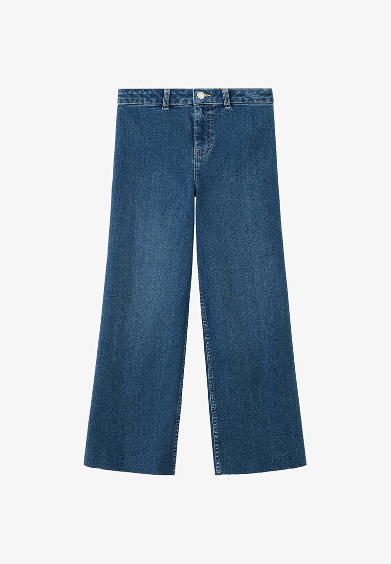 Jean denim bleu à jambes larges avec fermeture devant par bouton et zip, passants de ceinture, sans poches visibles sur fond blanc.