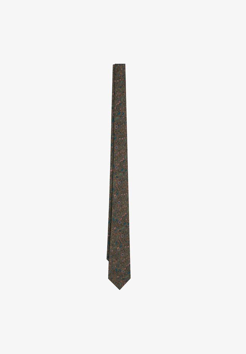 Corbata de seda con patrón floral en verde oscuro, con acentos en rosa y azul. Forma delgada con punta, textura suave en toda su superficie.